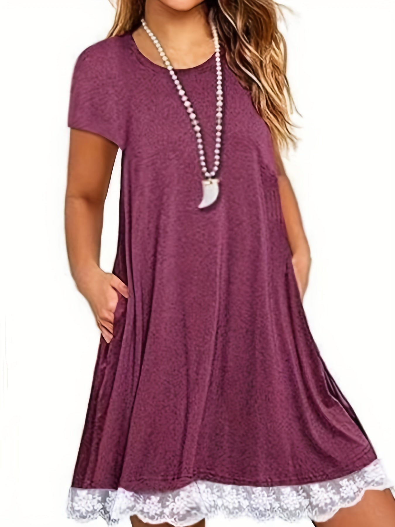 Casual Dress Women's Plus Contrast Lace Trim Short Sleeve Round Neck