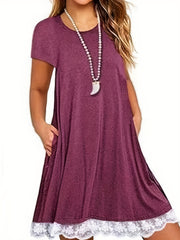 Casual Dress Women's Plus Contrast Lace Trim Short Sleeve Round Neck