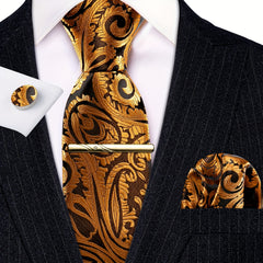 Black&Gold Silk Floral Paisley Necktie Set