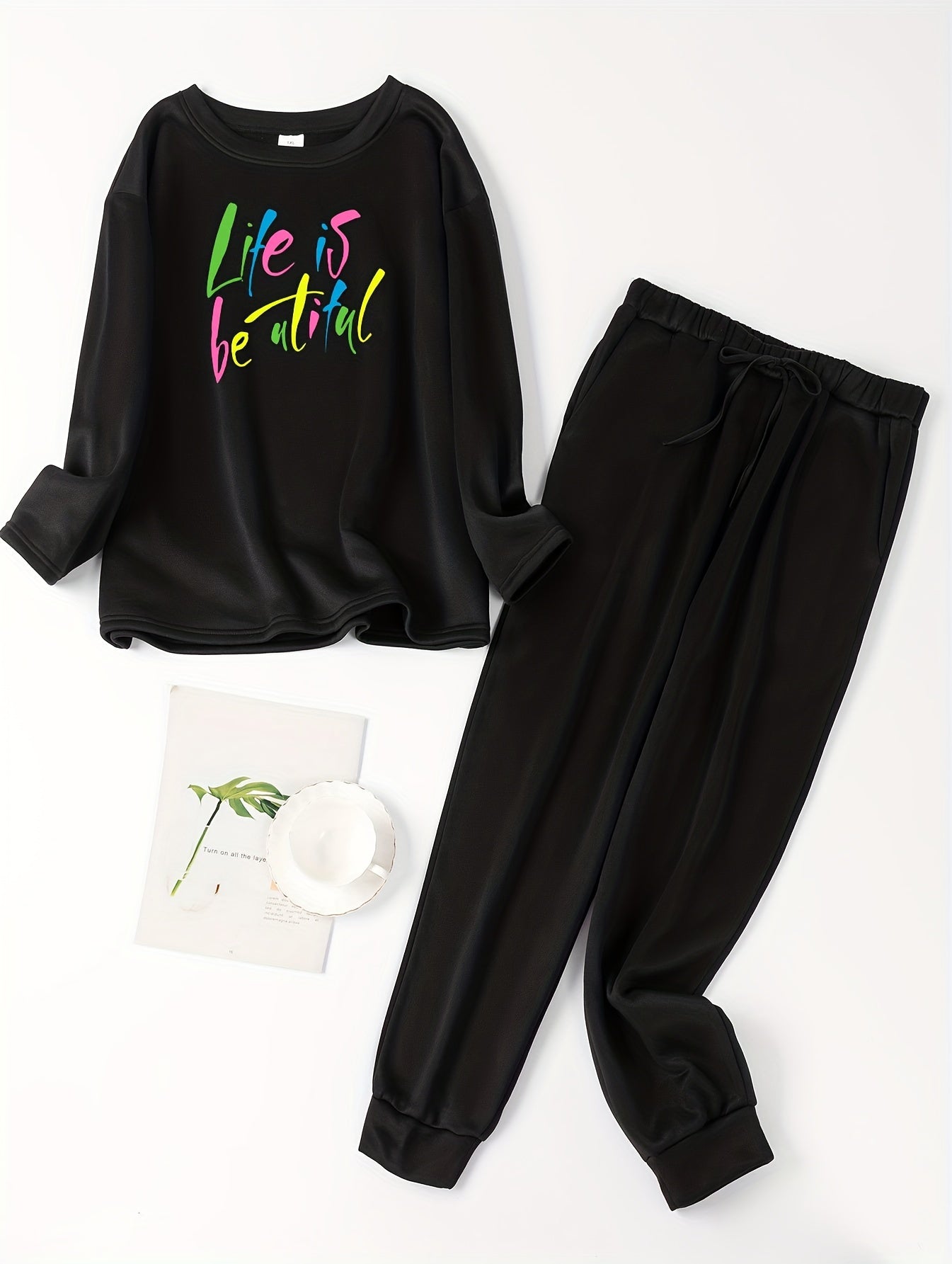 Women's Plus Size Slogan Print Fleece Lounge Set