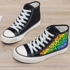Leopard Heart Print Plush Lined Thermal Chunky Canvas Sneakers