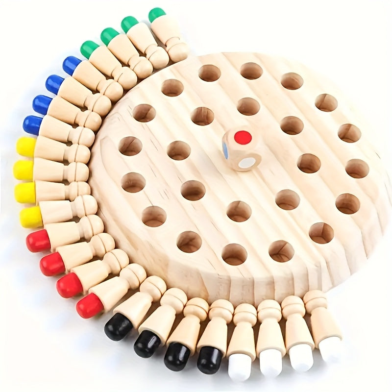 Wooden Family Memory Competition Game - Strategy Board with Colorful Pegs & Dice