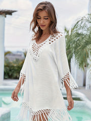 Hollow Out Crochet Boho Cover Up Dress V Neck Solid Beach Kaftan
