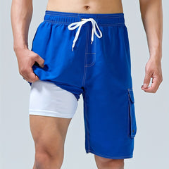 Men s Double Layer Shorts with Pocket Drawstring Waist Elastic