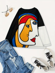 Abstract Face Print Sweatshirt Casual Crew Neck Long Sleeve