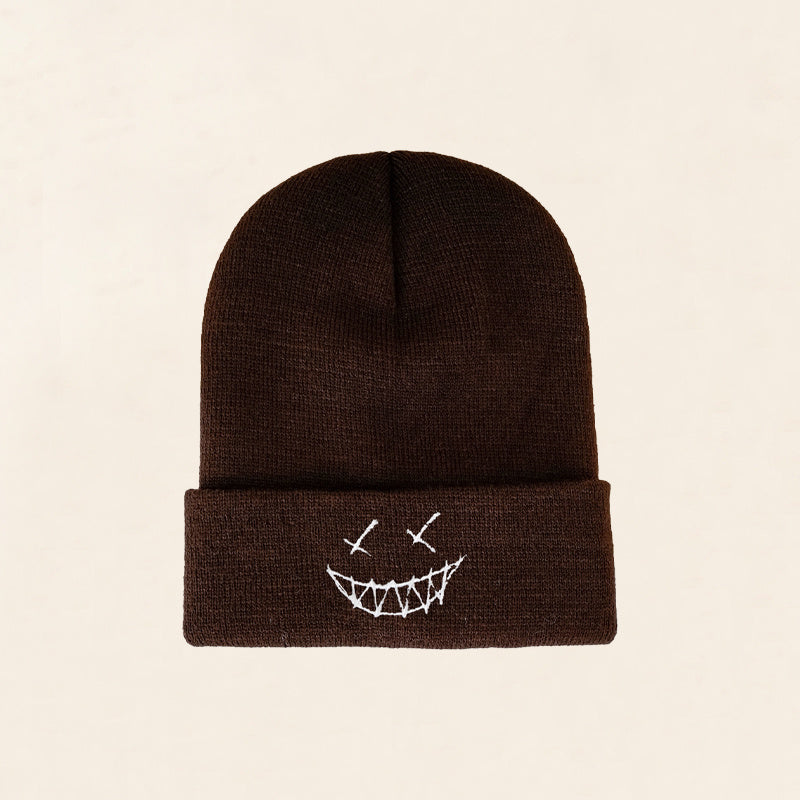 Smile Face Embroidery Beanie Hat Unisex Slouchy Ski Beanie Cap