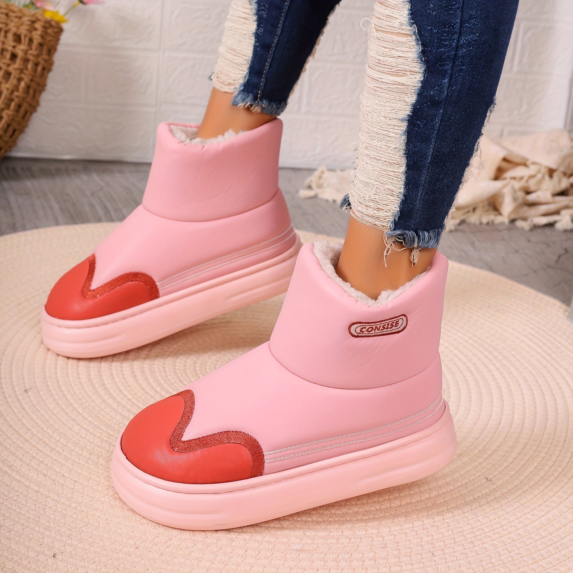 Pink Plus Fleece Warm Snow Boots Non slip Medium Tube Snow Boots