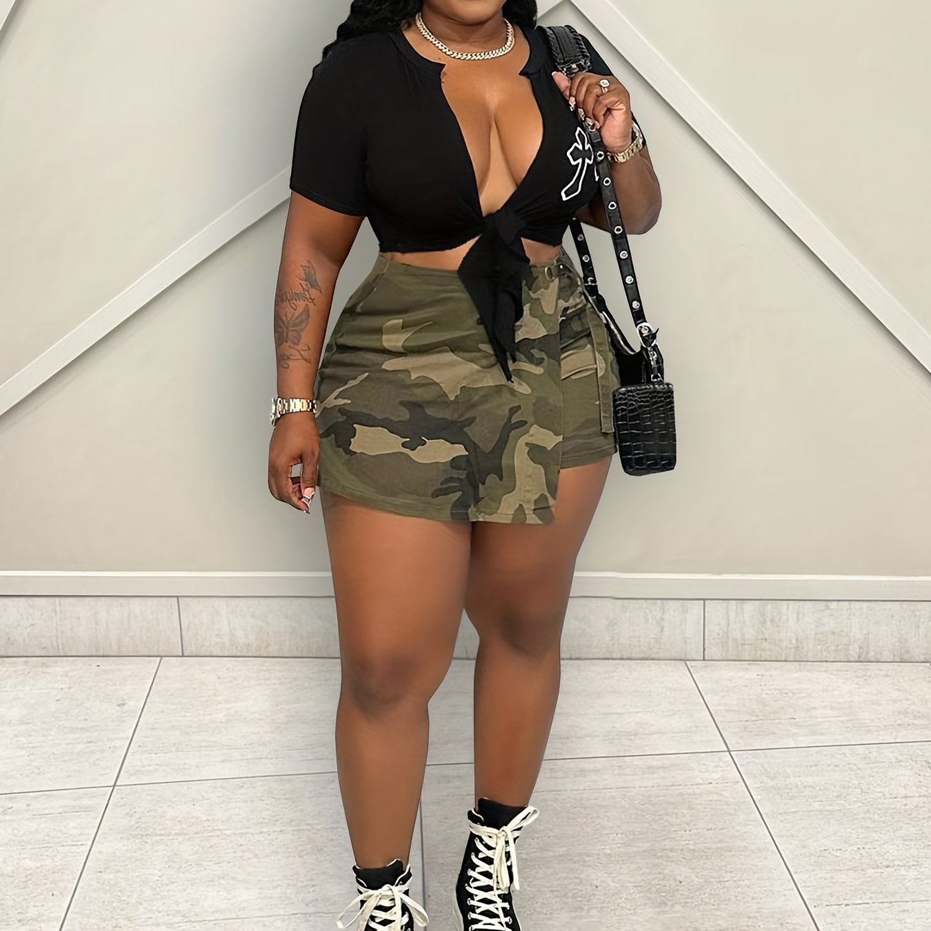 Camo Print Asymmetrical Tie Side Skort Women's Clothing
