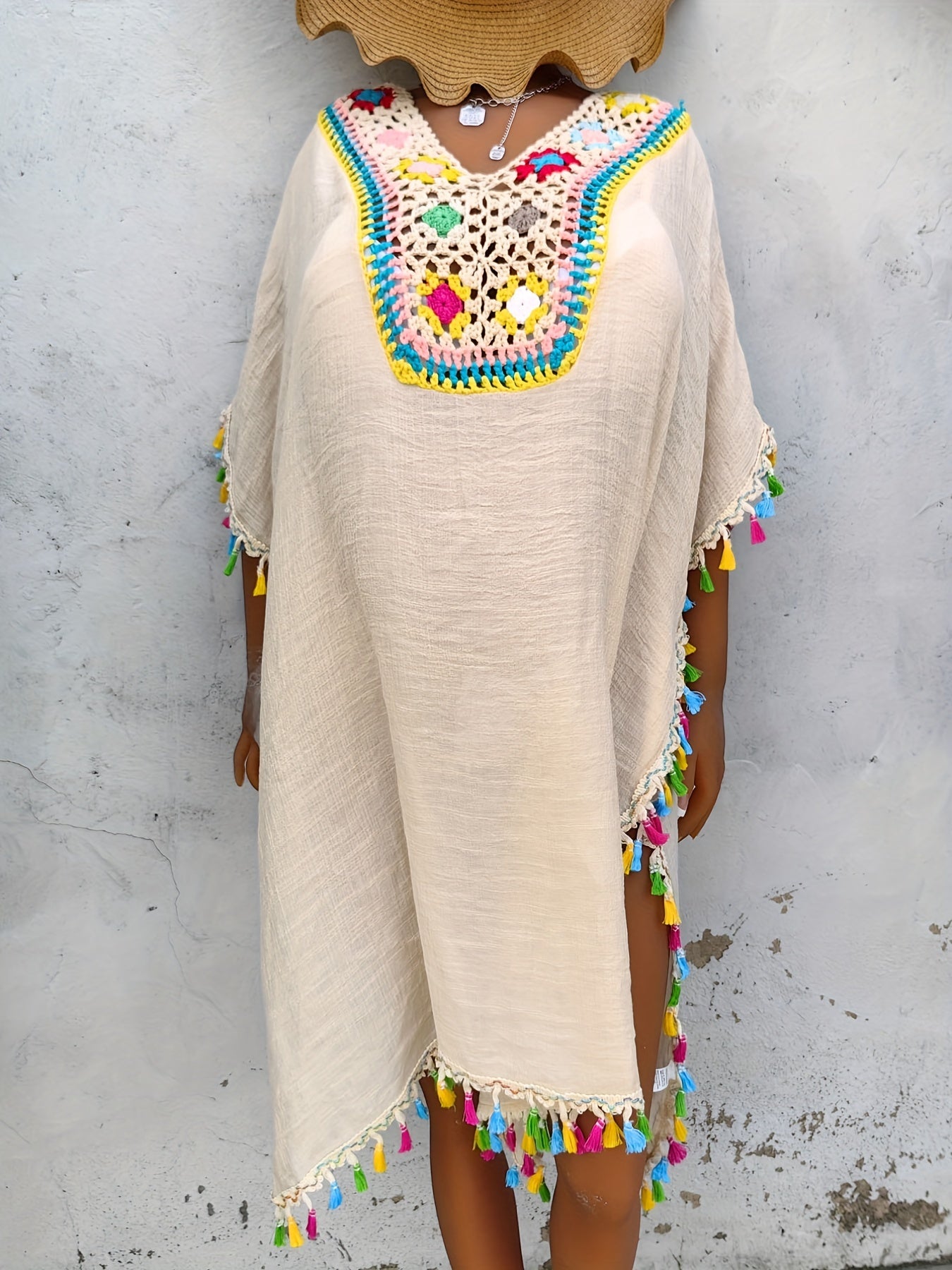 Boho Style Crochet Tassel Trim Cover Up Dress