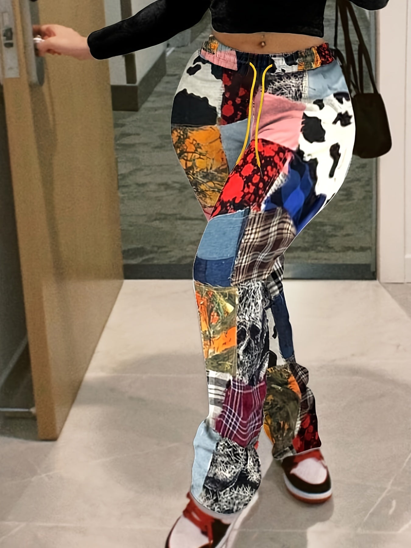 Patchwork Print Elastic Drawstring Straight Leg Pants