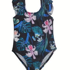Toddler Girls Floral Ruffle Trim One Piece Swimsuit