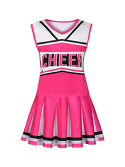 Girls Cheerleader Uniform Set V Neck Sleeveless Top Pleated Skirt Comfy Outfits