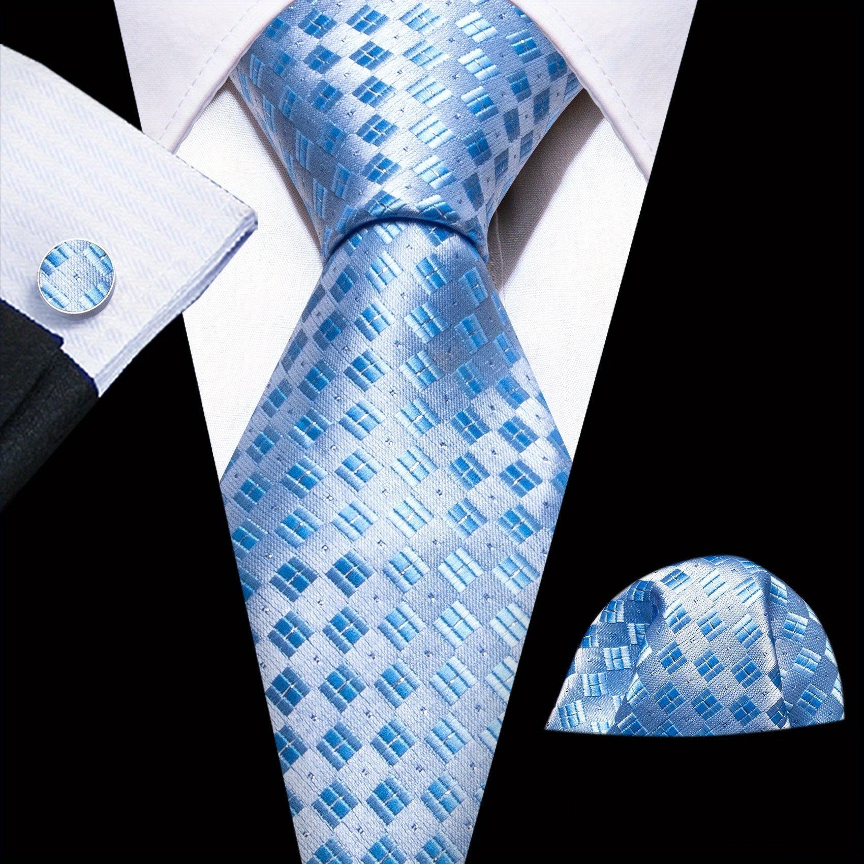 Barry Wang Men's Tie Silk Plaid Jacquard Tie Cufflinks Scarf Set