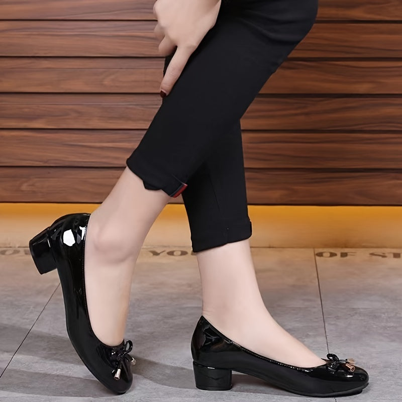 Women's Bowknot Mid Heel Wedding Shoes Soft sole Round Toe PU Leather
