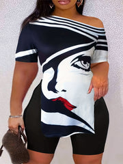 Figure Print Neck T-shirt & Skinny Shorts Set Women's Clothing