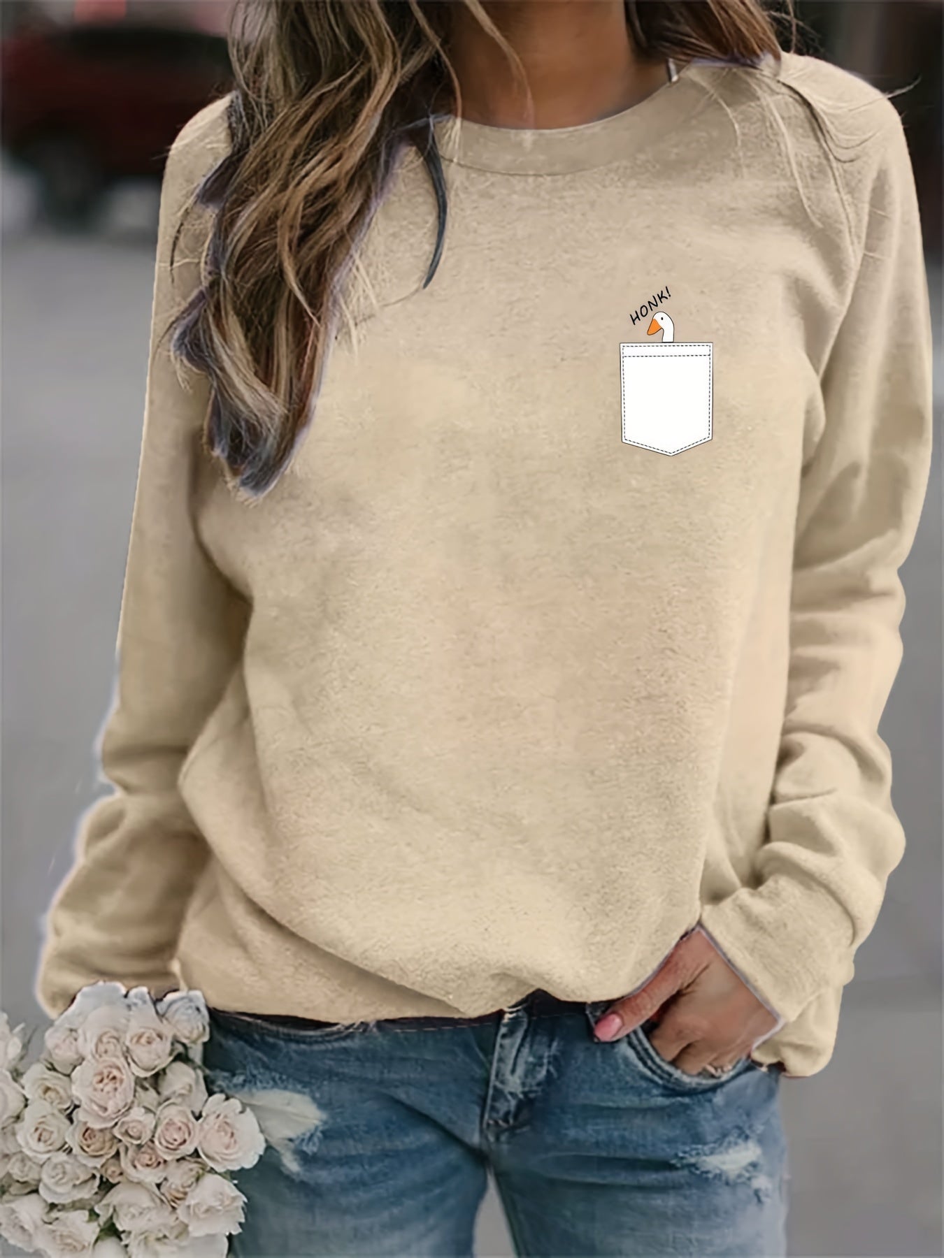 Goose Print Sweatshirt Casual Long Sleeve Crew Neck Sweatshirt