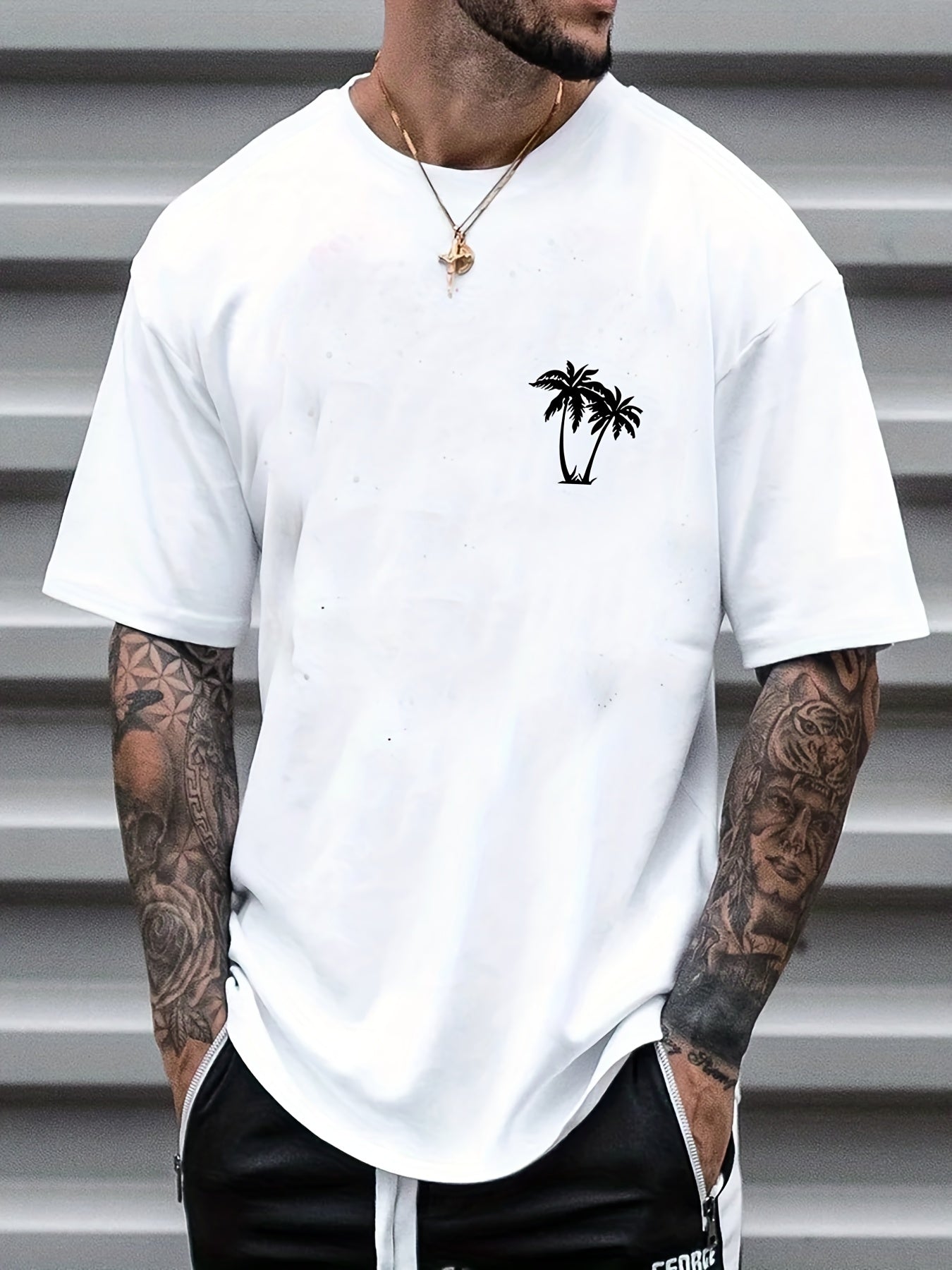 Palm Tree Pattern Top Casual Stretch Short Sleeve Crew Neck T shirt
