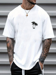Palm Tree Pattern Top Casual Stretch Short Sleeve Crew Neck T shirt