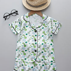Boys Dino Print Pajamas Set Short Sleeves Tops & Bottoms Cozy Homewear