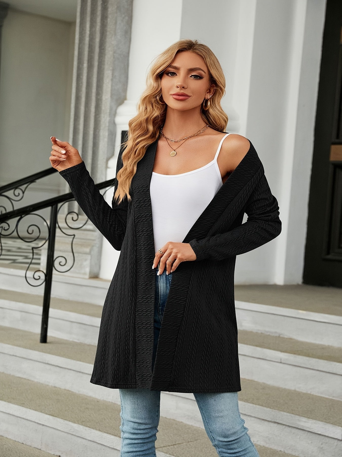 Cable Jacquard Long Sleeve Open Front Cardigan