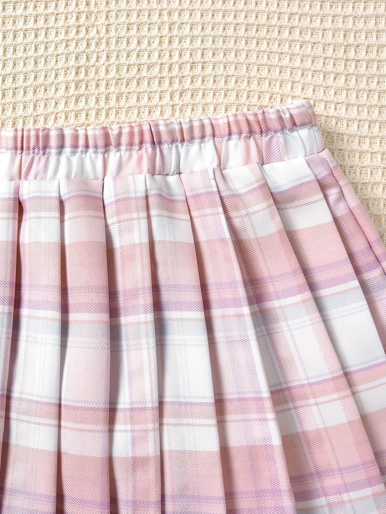 Girls Bow Front Button Short Sleeve Blouse Top & Plaid Pleated Skirt Set