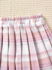 Girls Bow Front Button Short Sleeve Blouse Top & Plaid Pleated Skirt Set