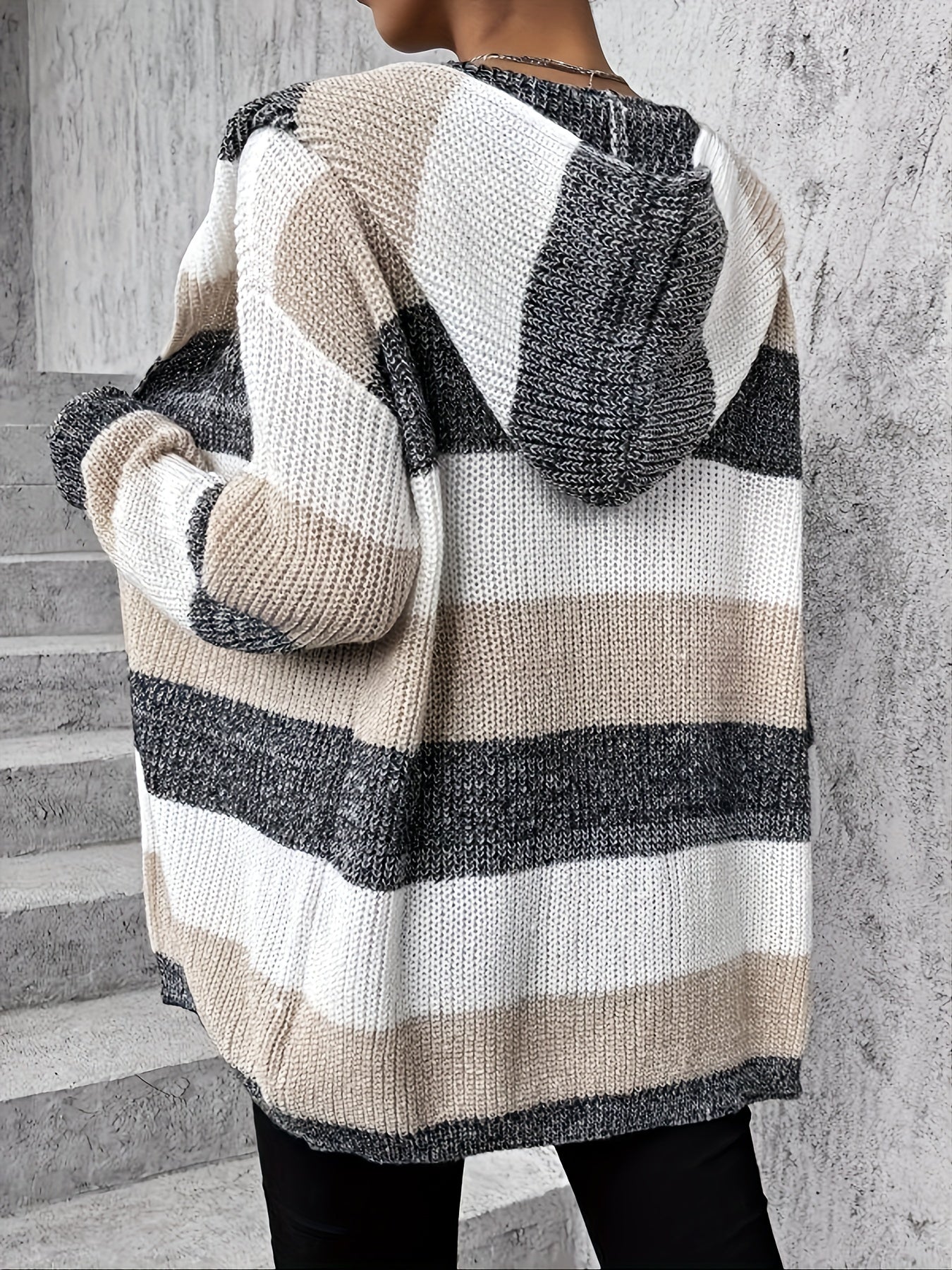 Block Hooded Cardigan Long Sleeve For Women