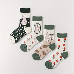 4 Pairs Bunny & Floral Print Socks Women's Stockings