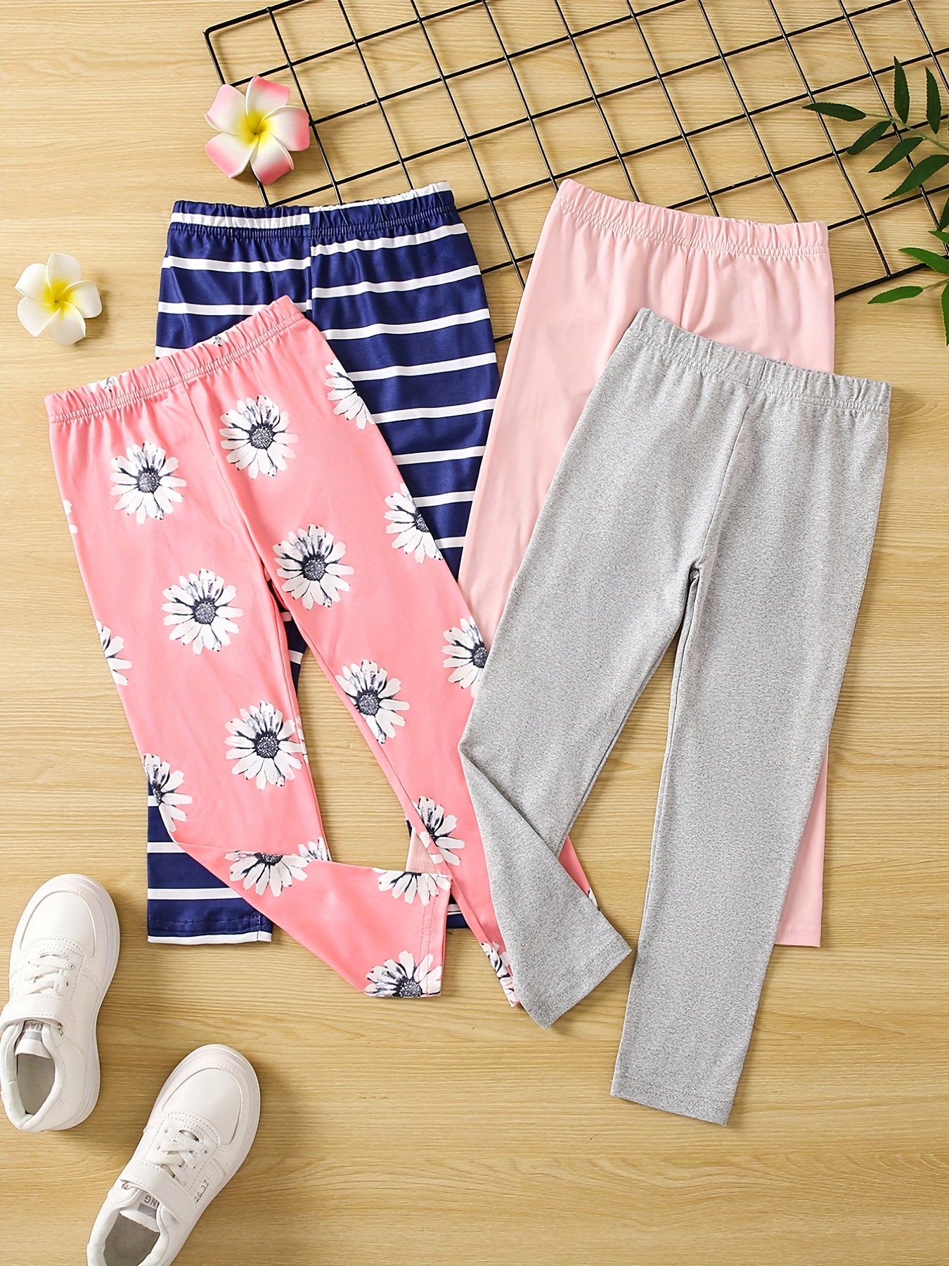 4pcs Girls Floral Striped Leggings Pants Casual & Stretch