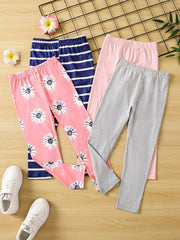 4pcs Girls Floral Striped Leggings Pants Casual & Stretch