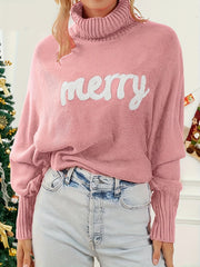 Women's Plus Letter Patch Bat Sleeve Turtle Neck Sweater