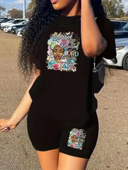 Cartoon Figure & Slogan Print 2 Piece Set