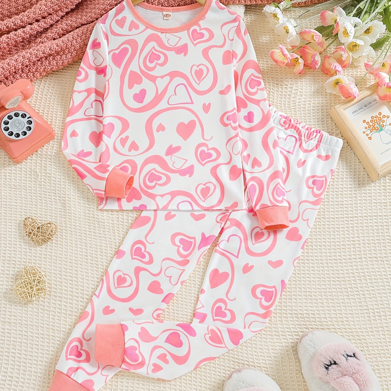 Kid's Love Heart Print Pajamas Set Long Sleeve Top & Pants Girl's Loungewear