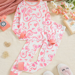 Kid's Love Heart Print Pajamas Set Long Sleeve Top & Pants Girl's Loungewear