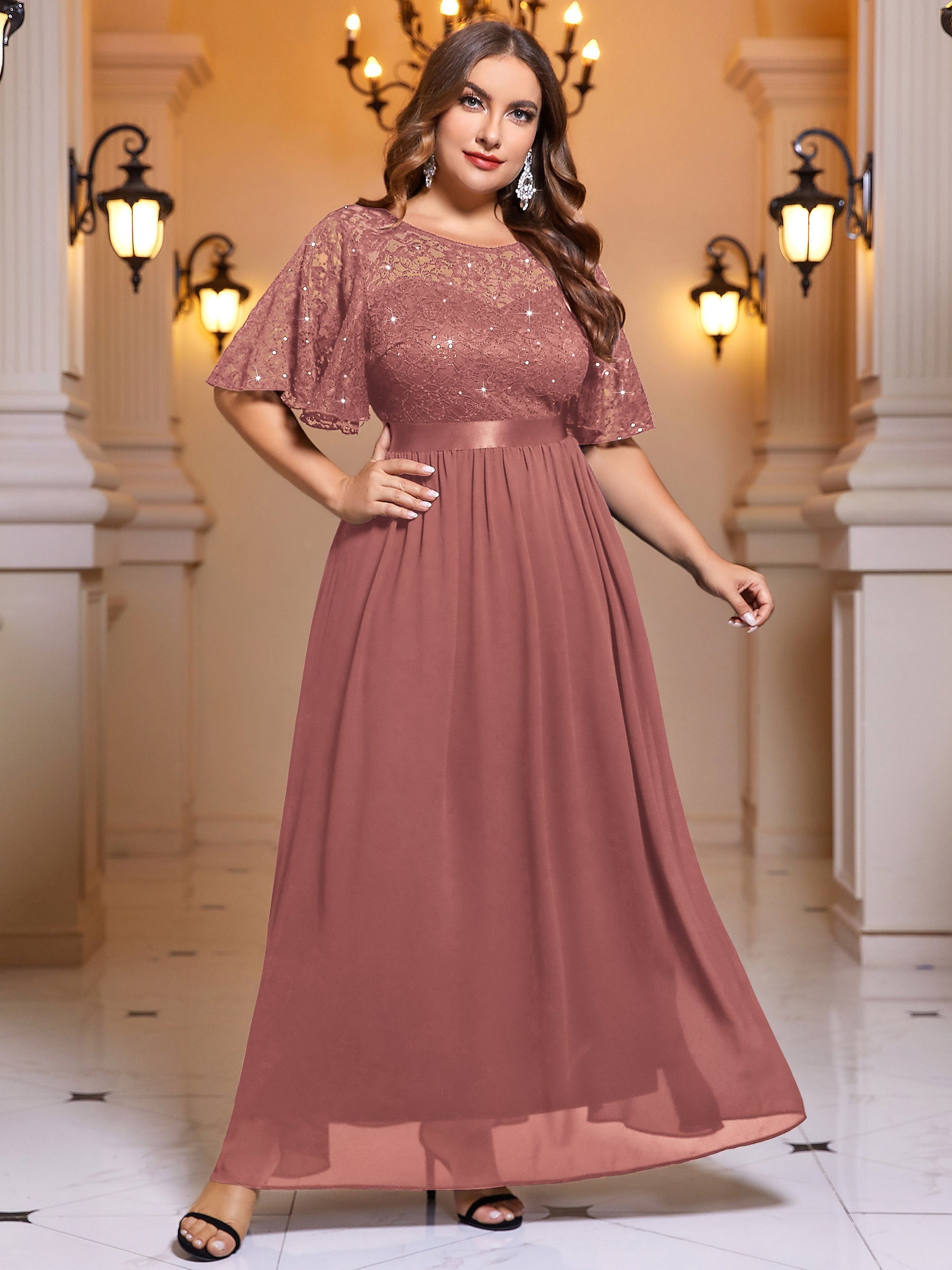 Sequin Lace Flutter Sleeve Maxi Bridesmaid Dress