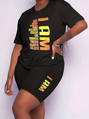 Plus Size Slogan Print Tee & Biker Shorts Set for Women