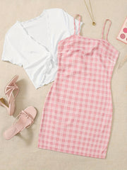 Plaid Dresses & Open Front Tops Two Pieces Set Outfits Women's Clothing