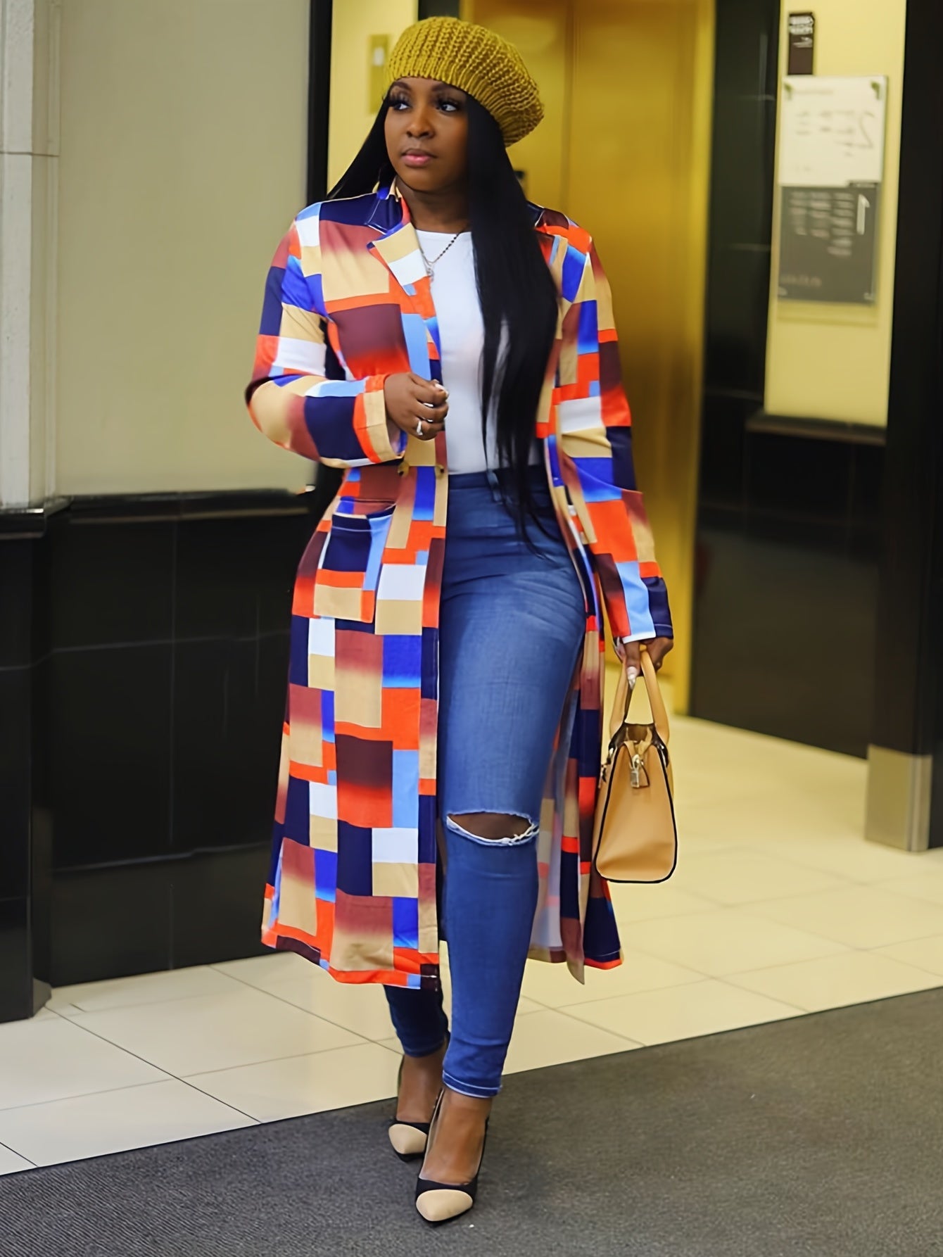 Y2K Geo Print Lapel Long Coat Women's Outerwear