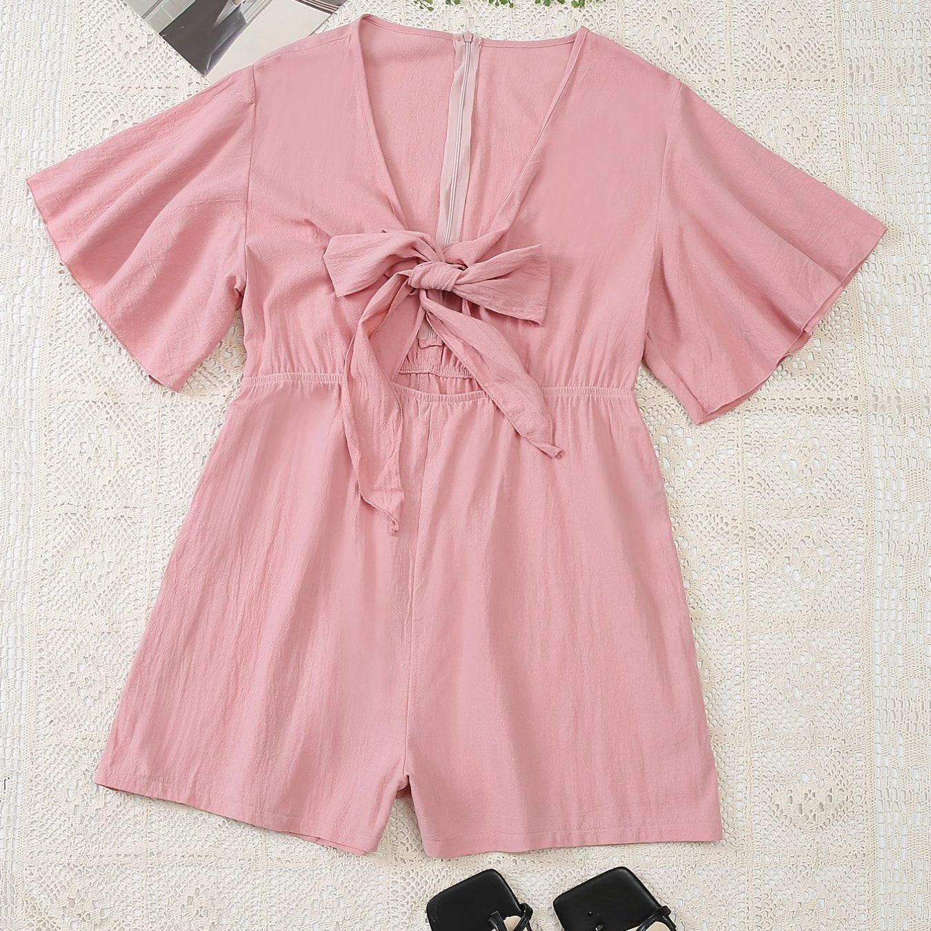 Women's Plus Solid Bell Sleeve Jumpsuit with Bow Knot Cut Out
