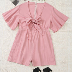 Women's Plus Solid Bell Sleeve Jumpsuit with Bow Knot Cut Out