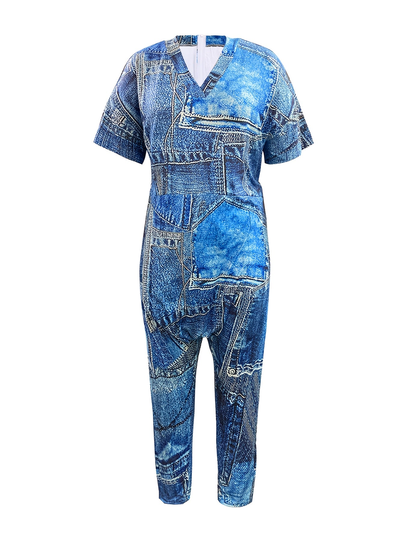 Denim Print V Neck Short Sleeve Jumpsuit With Pockets