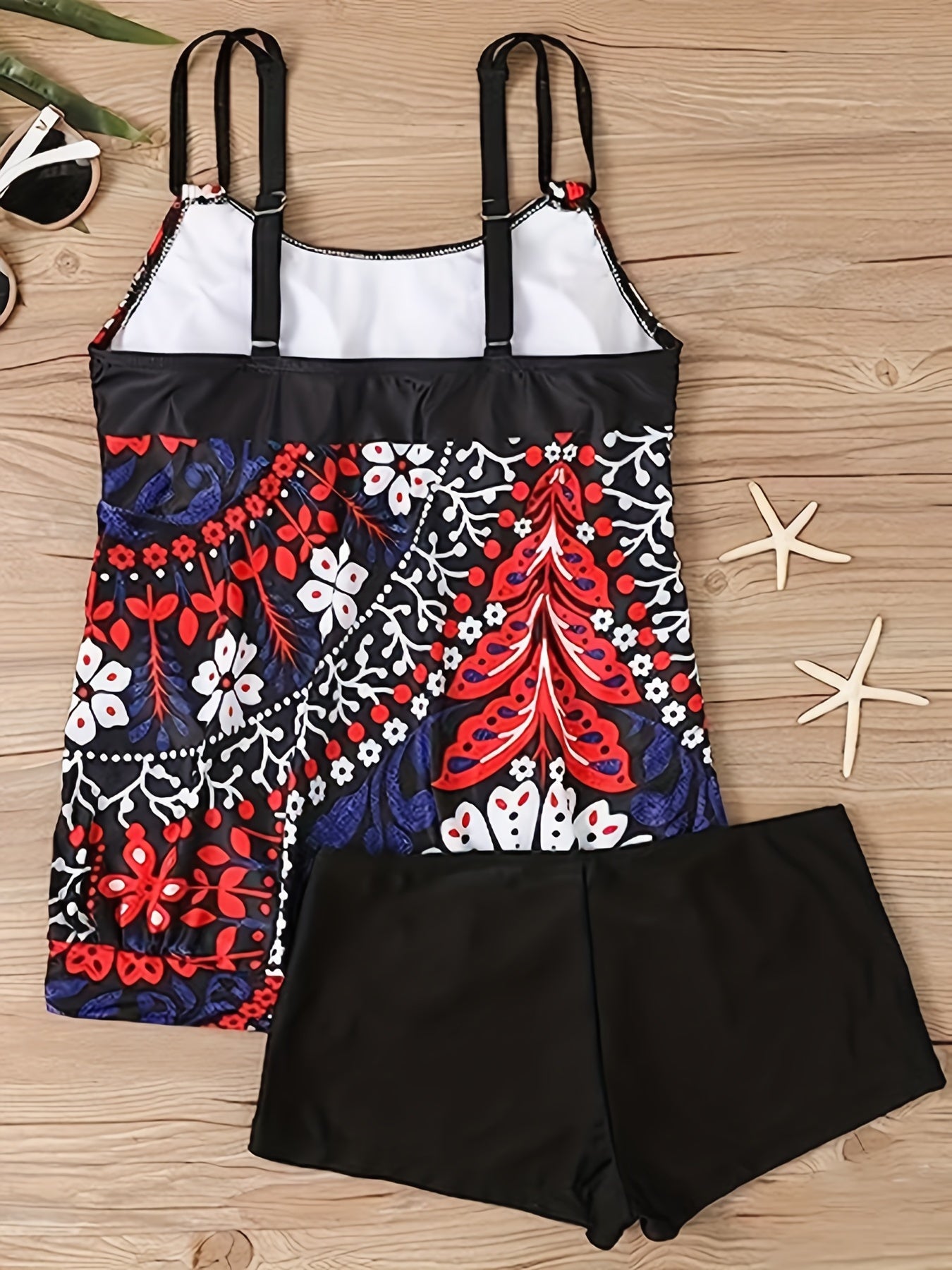 Floral Print Tankini Set Round Neck Cami Top & Boyshorts Swimsuit