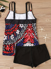 Floral Print Tankini Set Round Neck Cami Top & Boyshorts Swimsuit