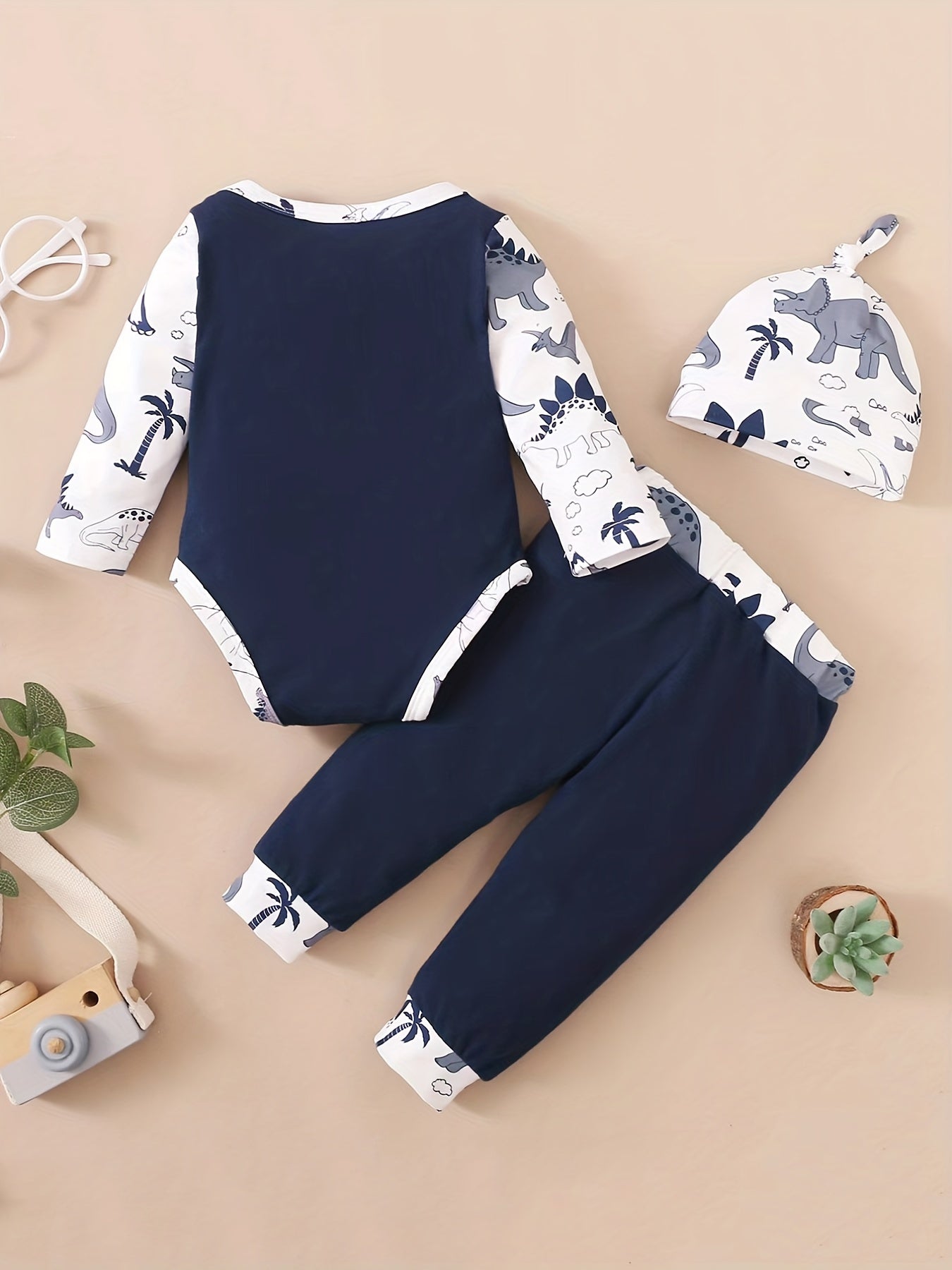 Baby Boy's Cotton Casual 3pc Set Dinosaur Print Romper Trousers Hat