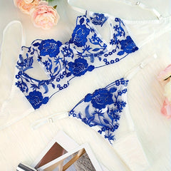Floral Embroidered Lace Mesh Lingerie Set