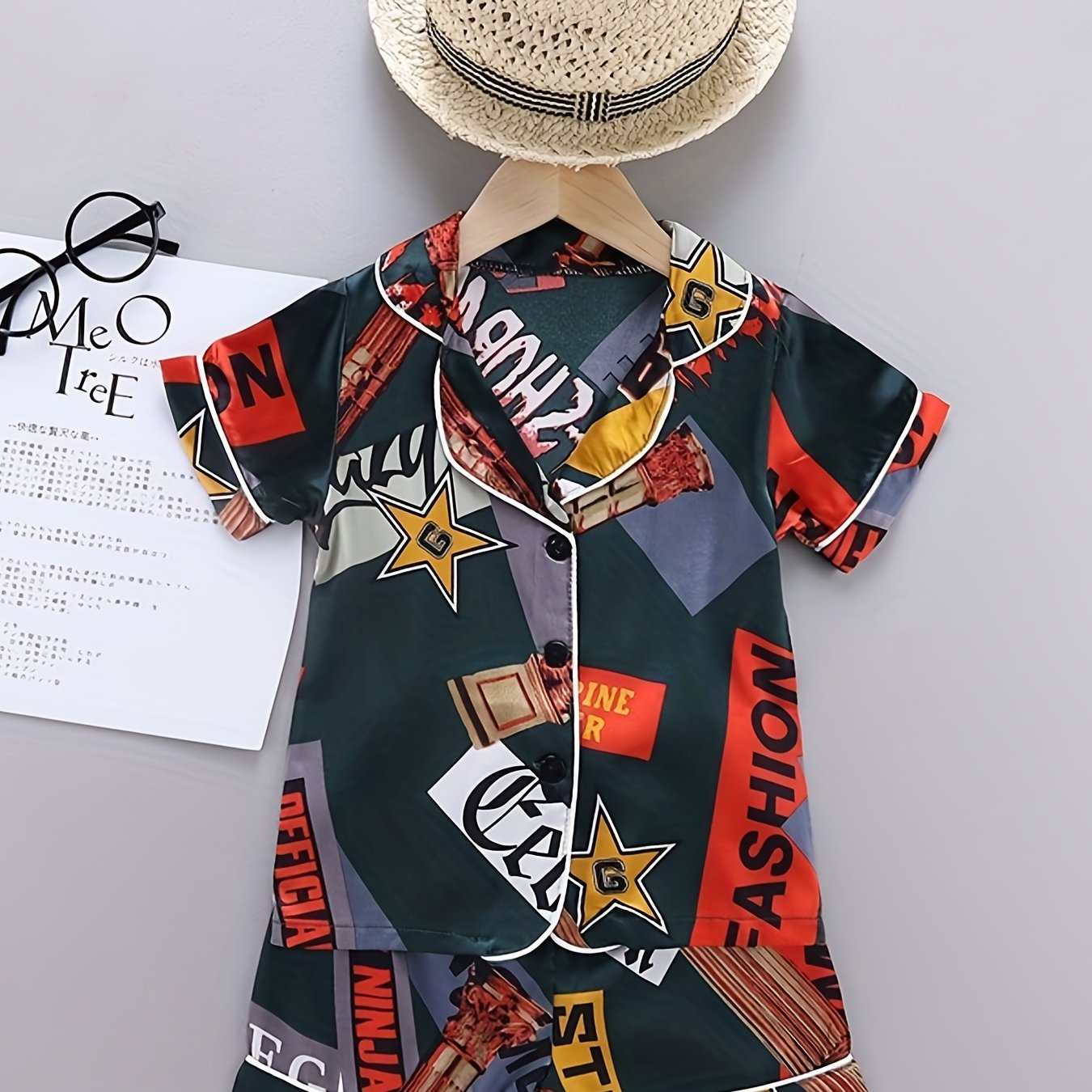 Boys Letter Print Block Pajamas Set Short Sleeves Tops & Bottoms Comfortable