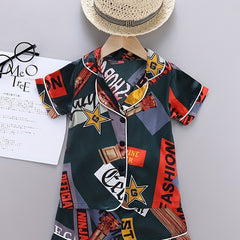 Boys Letter Print Block Pajamas Set Short Sleeves Tops & Bottoms Comfortable