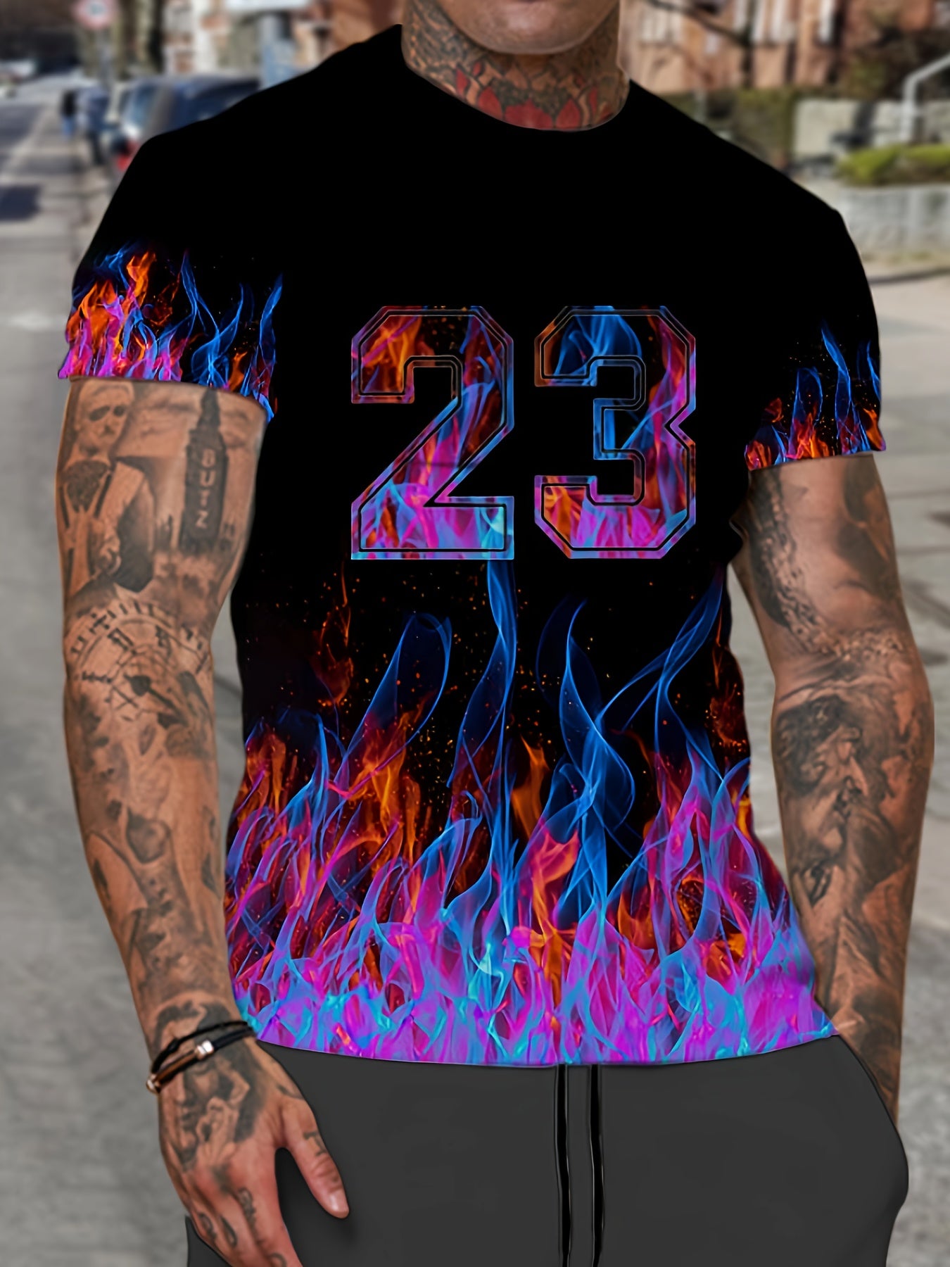 Men's Flame & 23 Print T-shirt Casual Comfy Slightly Stretch Tee