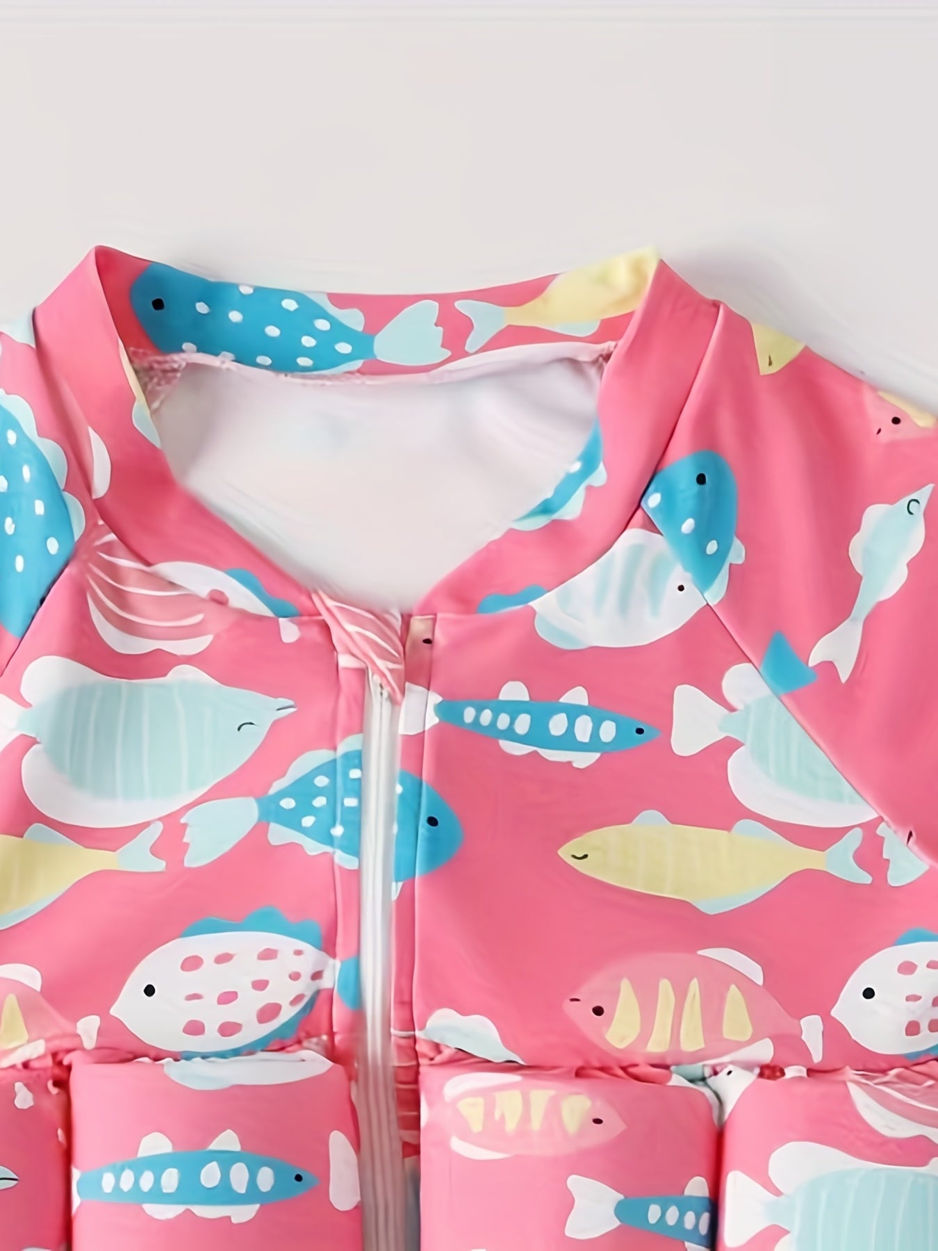 2pcs Baby Girls Fish Print One Piece Swimsuit With Buoyancy & Swimming Cap Set