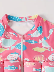 2pcs Baby Girls Fish Print One Piece Swimsuit With Buoyancy & Swimming Cap Set